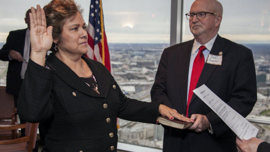 Sarah Saldaña being sworn in as the fourth director of U.S. Immigration and Customs Enforcement (ICE) in December of 2014. Sarah Saldaña being sworn in as the fourth director of U.S. Immigration and Customs Enforcement (ICE) in December of 2014.